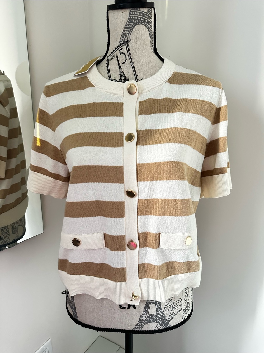 Michael Kors Large Cream & Camel Striped Short Sleeve Top
